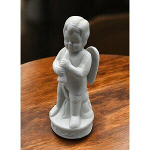 White Cherub Angel Figurine Playing Flute Ceramic Musician